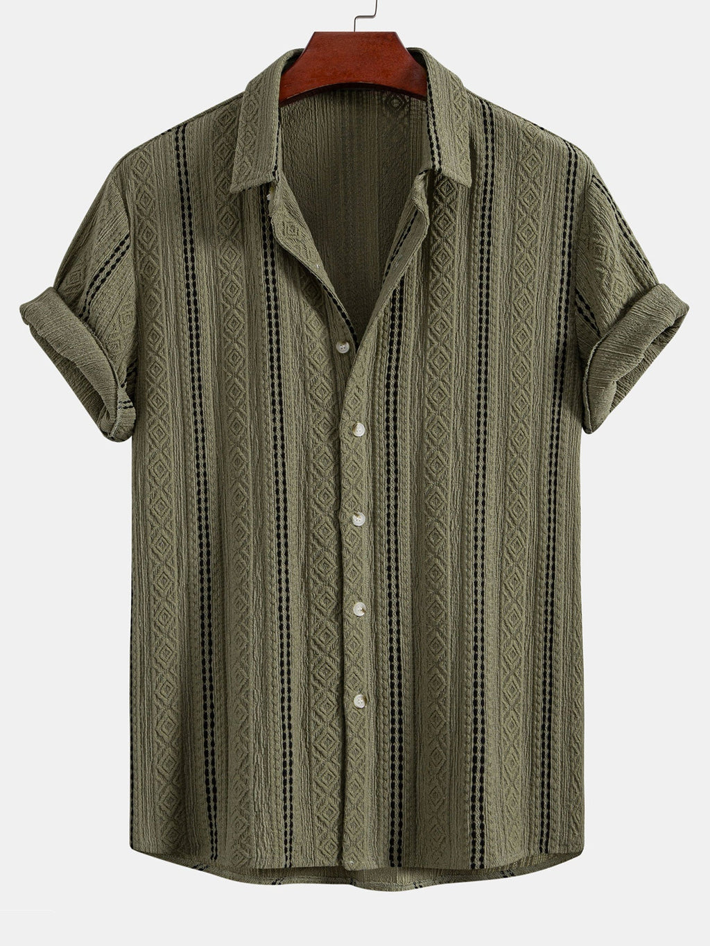 Geometric Striped Jacquard Button Up Shirt & Crinkle Textured Straight Leg Pants