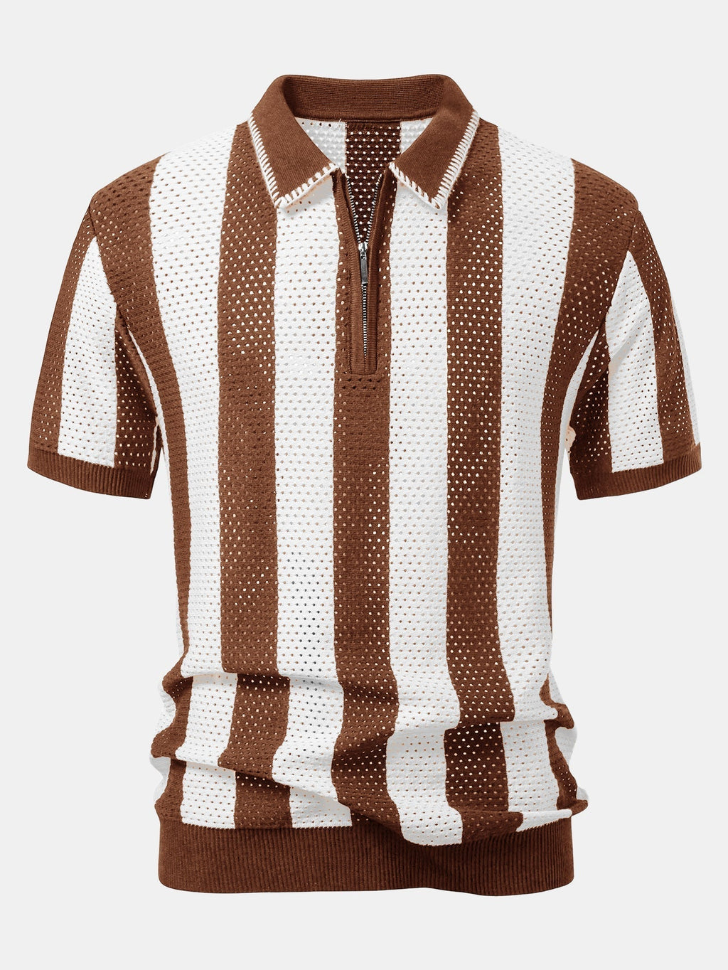 Striped Eyelet Knit Zip Up Polo Shirt & Straight Leg Linen Pants