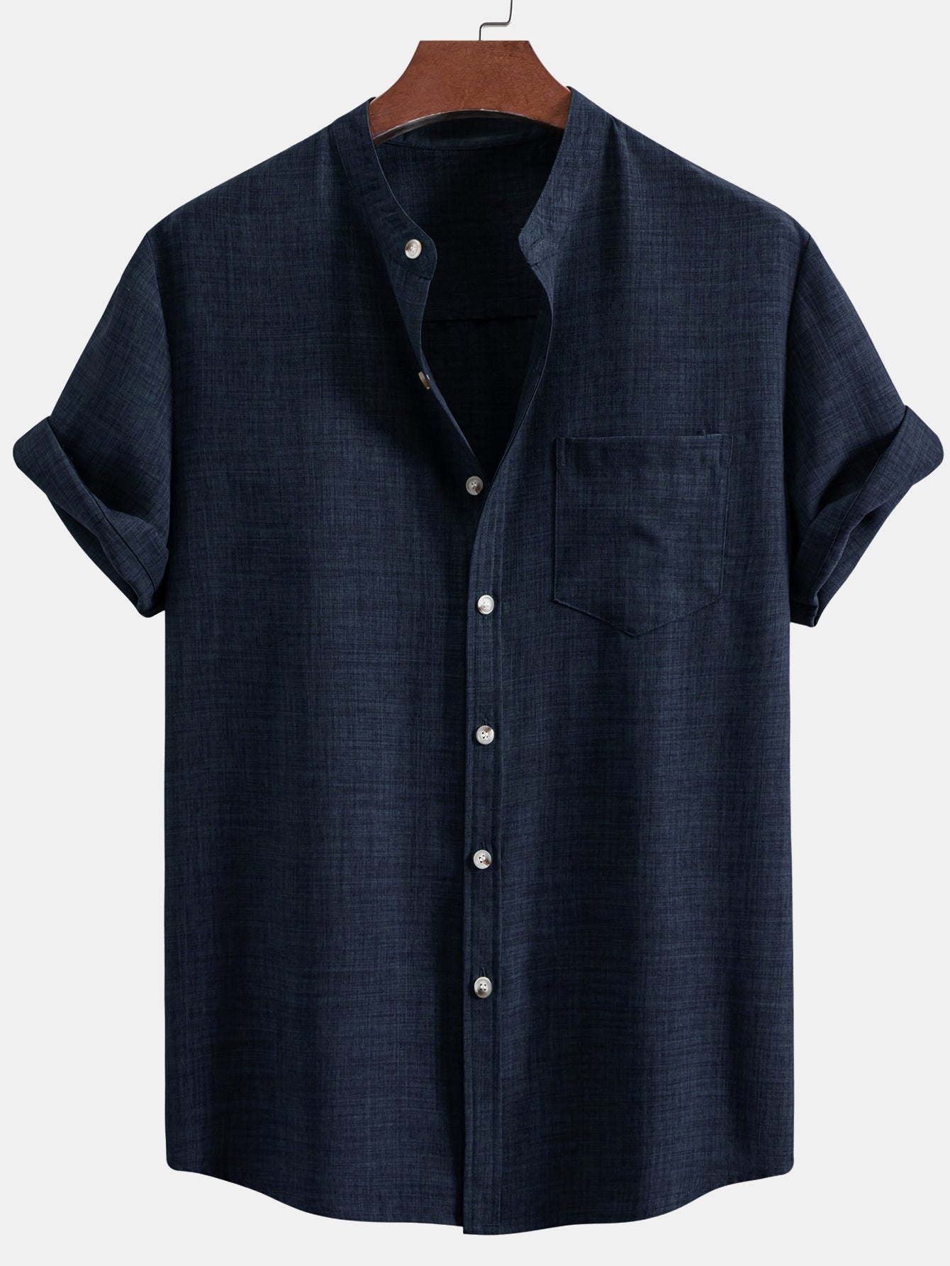 Short Sleeve Stand Collar Shirt & Straight Leg Linen Pants