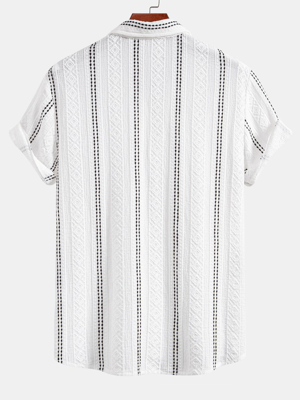 Geometric Striped Jacquard Button Up Shirt & Crinkled Textured Drawstring Shorts